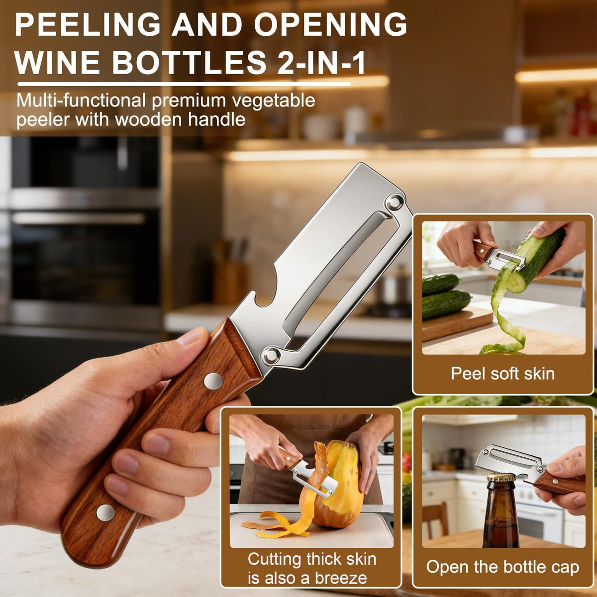 3in1 Peeler Knife Stainless Steel | Multifunctional Fruit & Vegetable Peeler With Wooden Handle | Kitchen Vegetable Cutter Slicer Tool & Bottle Opener